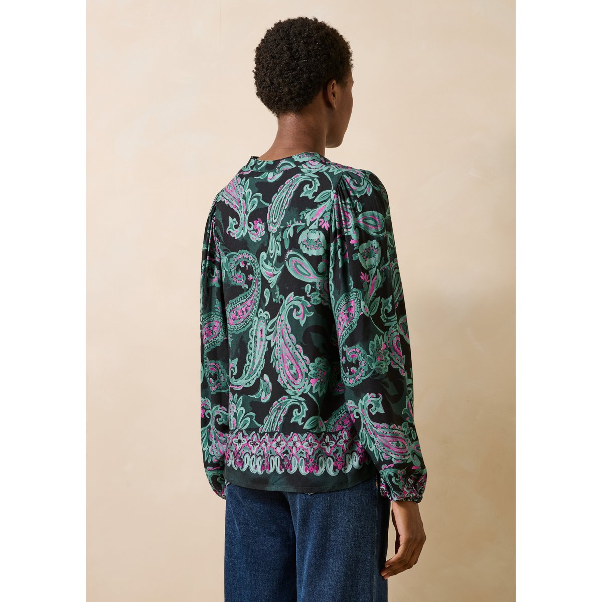 Chemise manches longues imprimée encolure tunisienne petrole, LA FEE MARABOUTEE