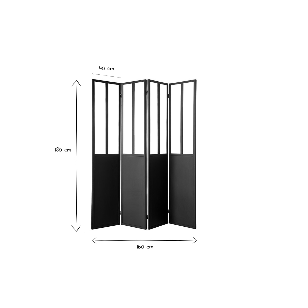 Verrière atelier paravent industriel en métal noir et verre 4 vantaux L160 cm RACK noir, MILIBOO