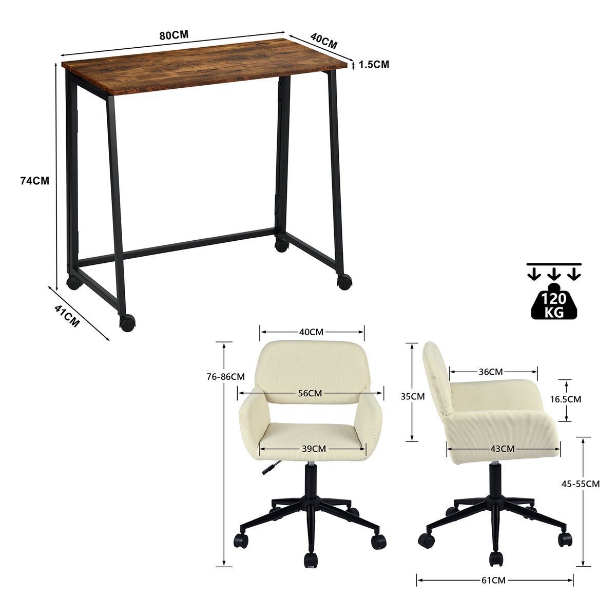 Ensemble de bureau pliable avec chaise de bureau, ASCOLIWHEELS+ROSS noyer beige, MEUBLES COSY