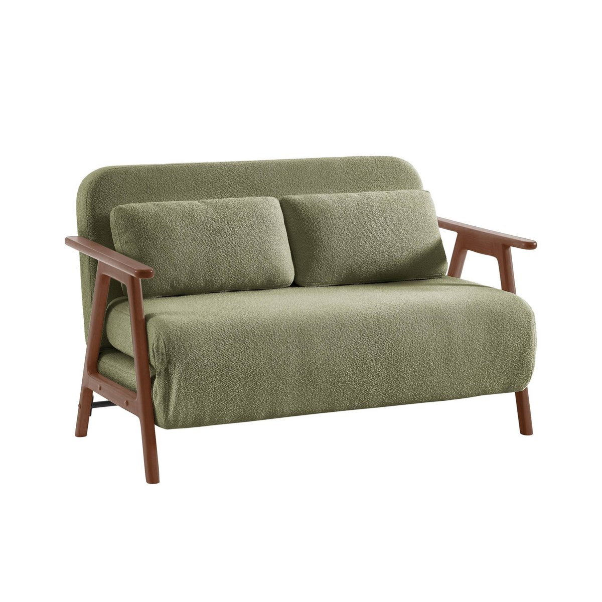 Banquette canapé convertible 2 places bois d'hévéa teinté noyer clair et bouclette texturée SVEN kaki, SWEEEK