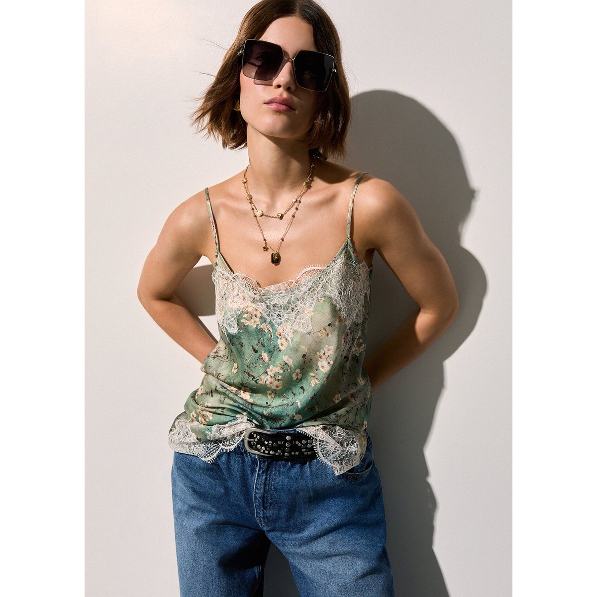 Top en satin imprimé avec dentelle bleu clair à fleurs, LIU JO