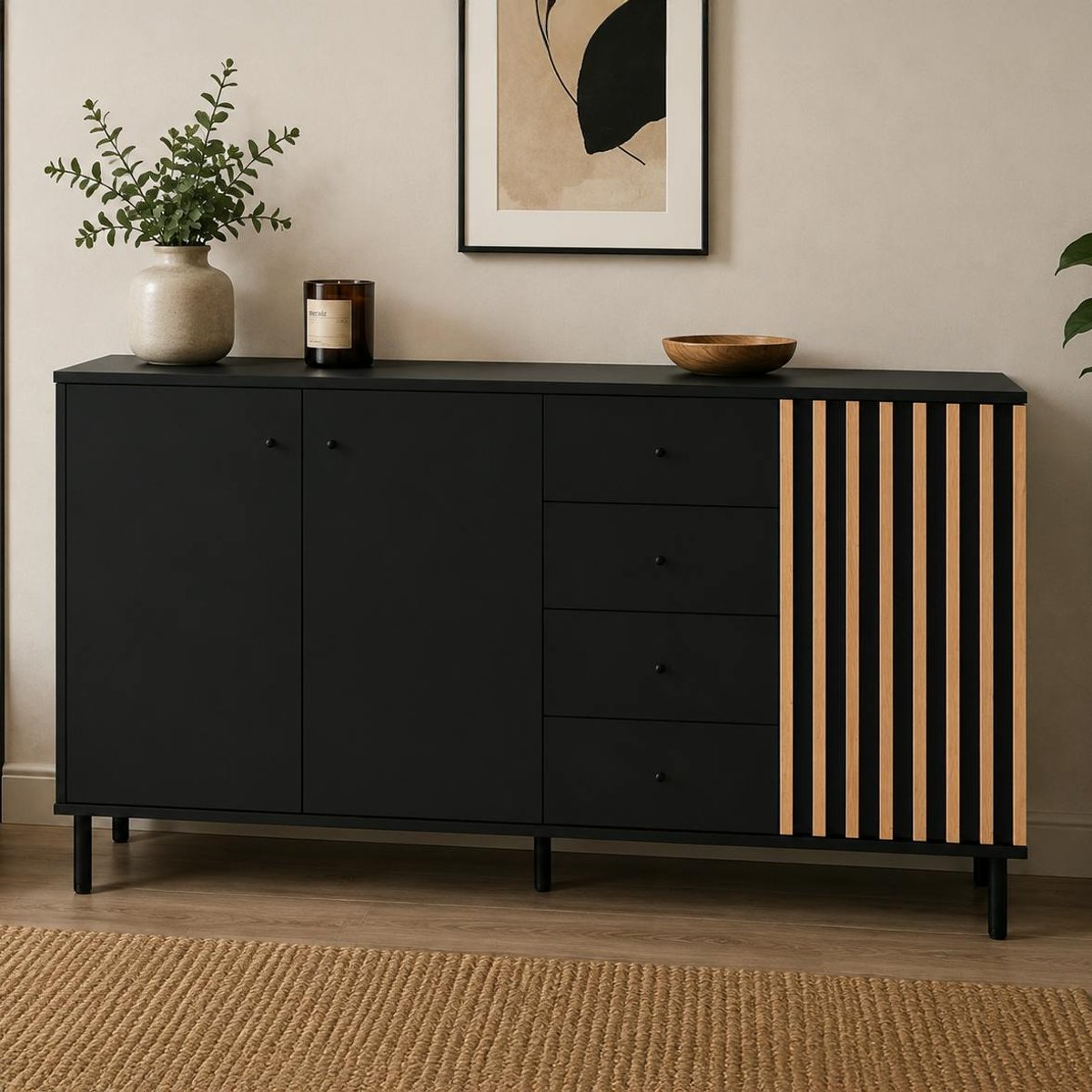 Buffet design noir décor bois 3 portes 4 tiroirs NOREN noir, PIER IMPORT