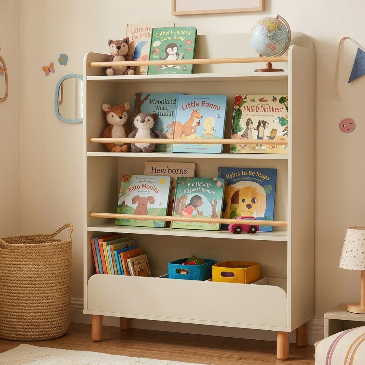 Bibliothèque enfant JANA beige et bois clair, BAÏTA