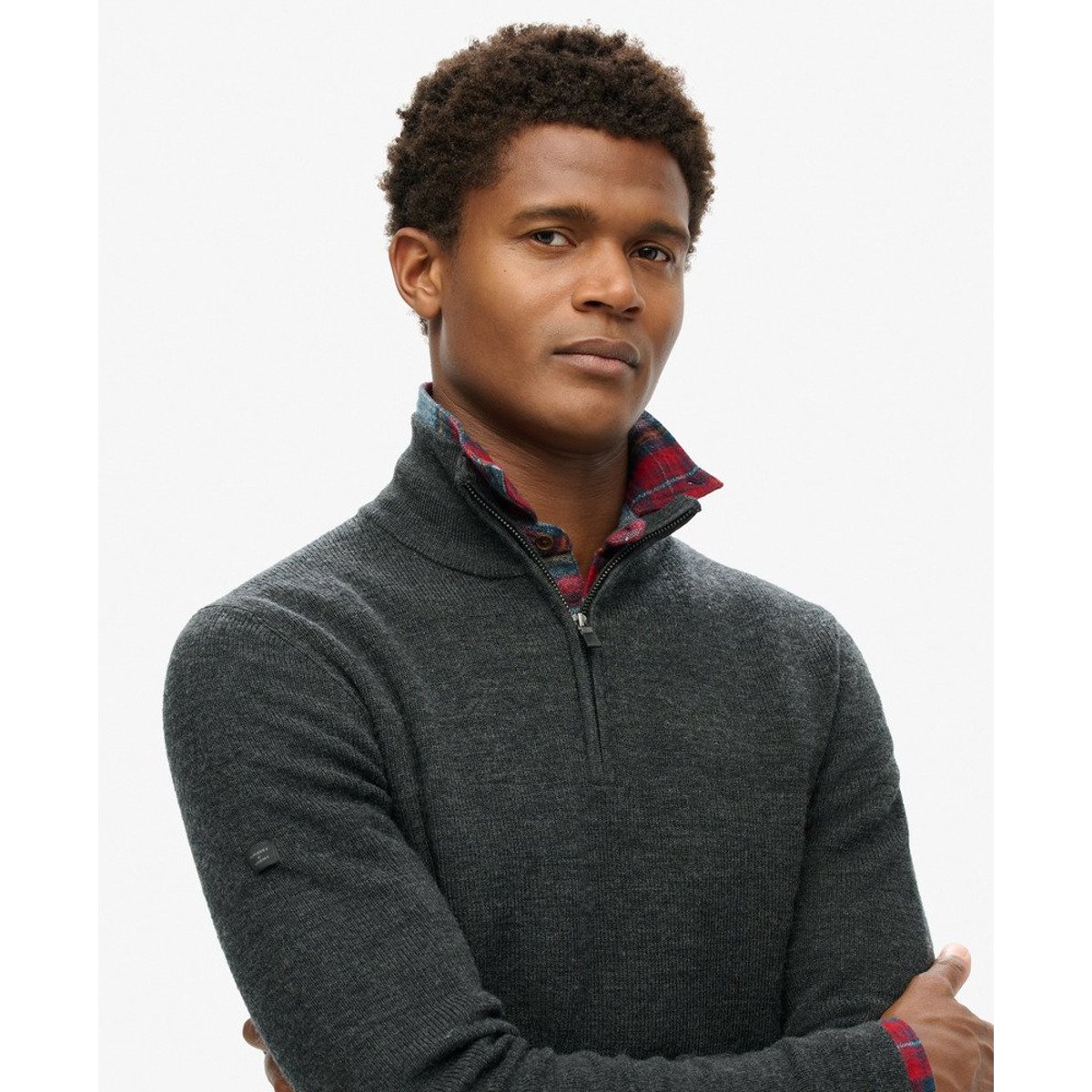 Pull semi-zippé en laine mérinos anthracite foncé chiné, SUPERDRY