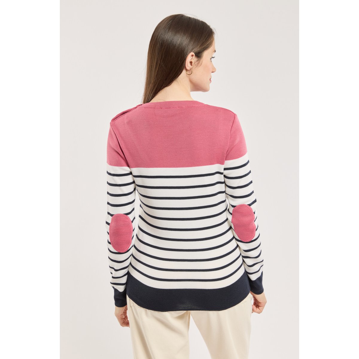 Pull marin avec coudières - laine rich navy/nature/framboise, ARMOR-LUX