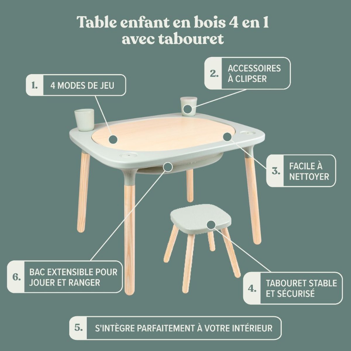 Table de jeux 4 en 1 avec tabouret vert sauge, ACTIVE TOTS