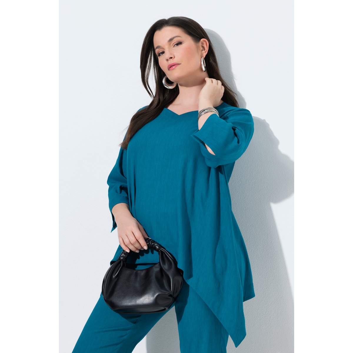 Blouse en lin mélangé pétrol, ULLA POPKEN