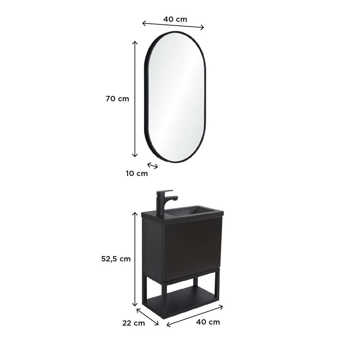 Ensemble lave-mains métal et bois avec robinet noir et miroir ovale NOVA noir, MOB IN