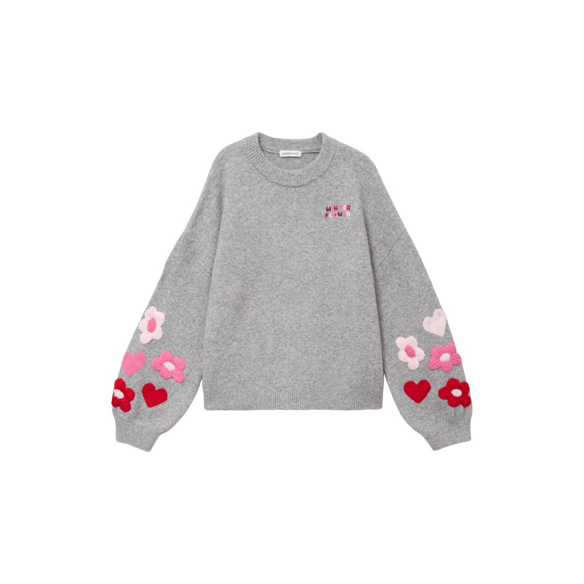 Pull oversize broderie col rond gris clair, CACHE CACHE