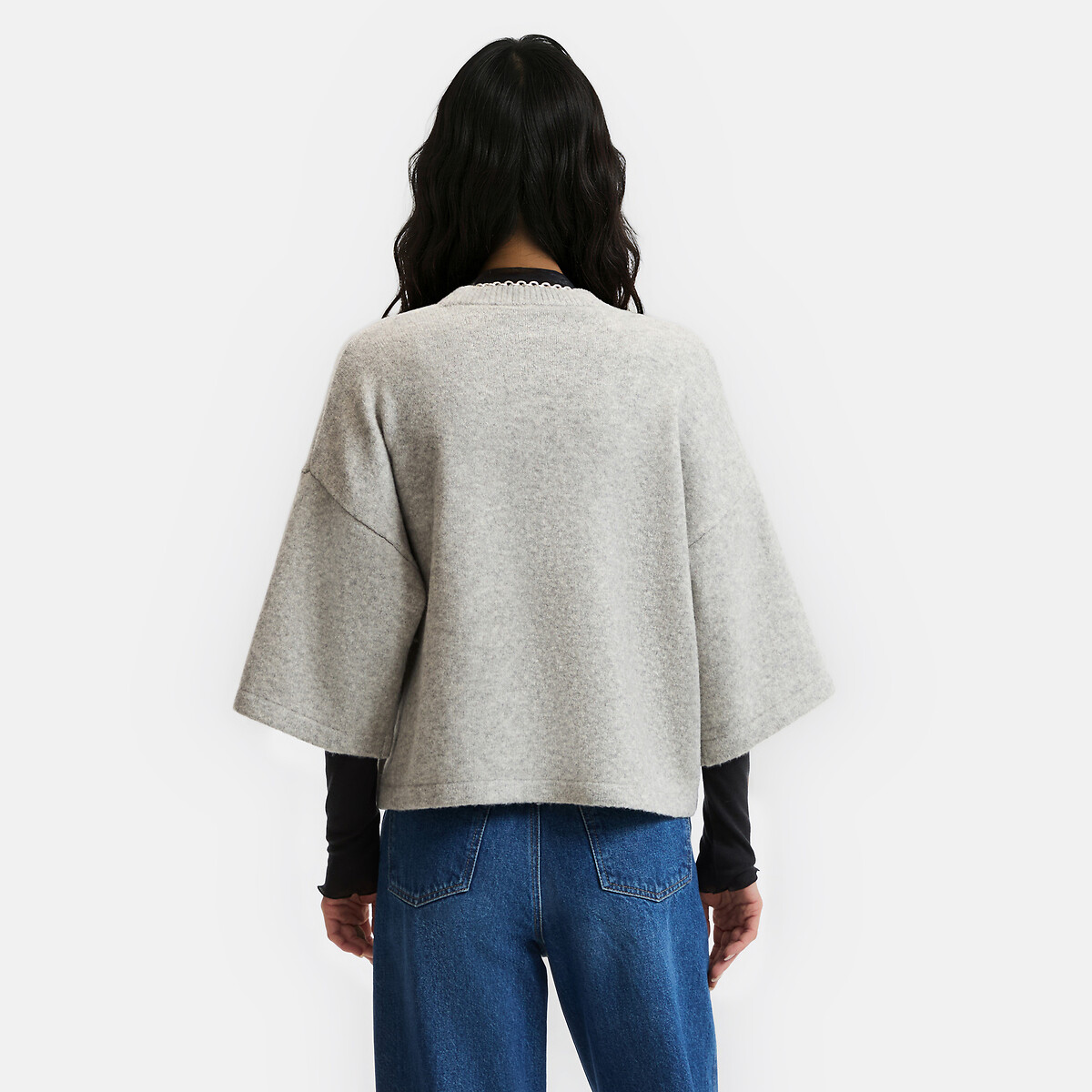 Pull col rond ample manches courtes gris chiné, LA REDOUTE COLLECTIONS