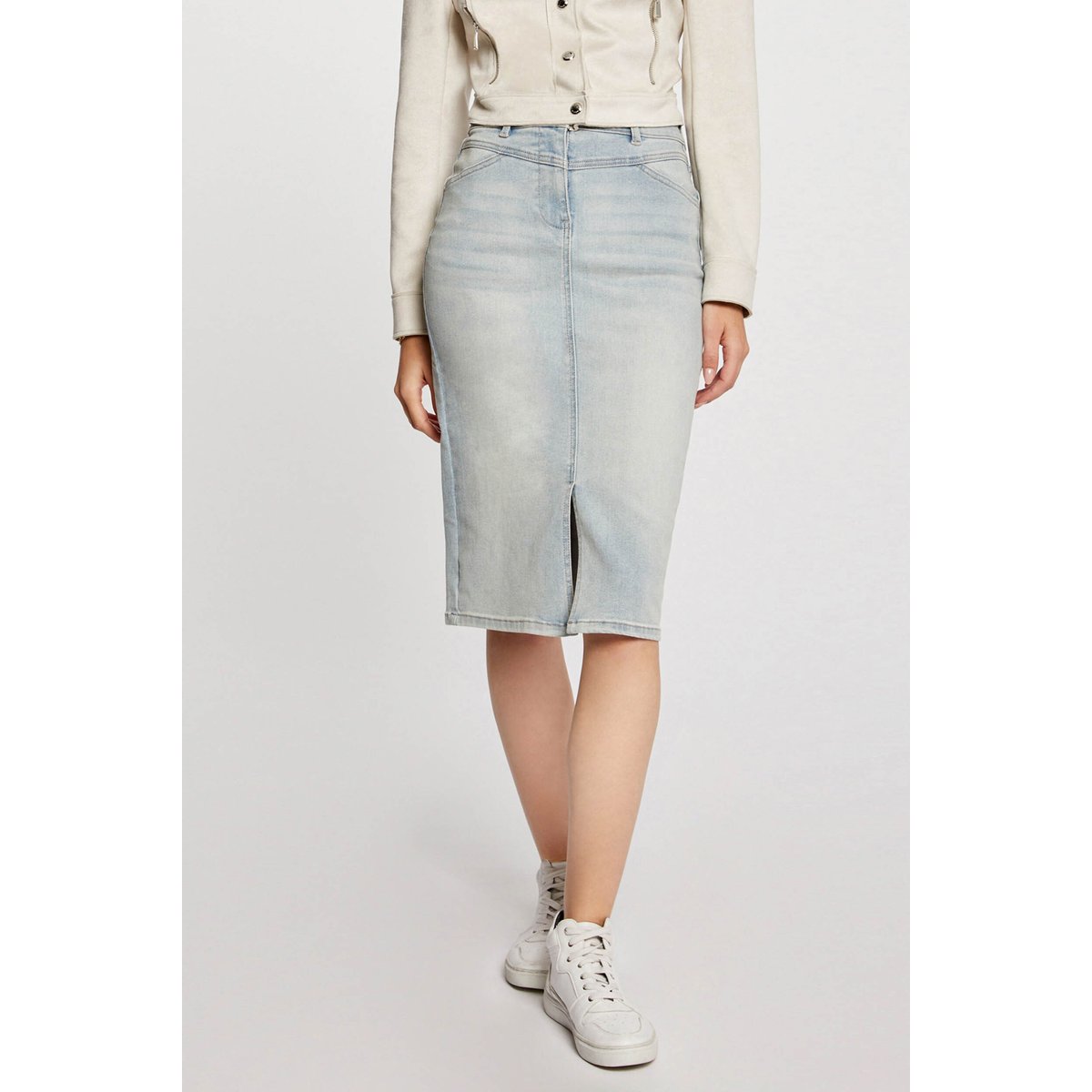 Jupe longueur genou en jean jean bleached, MORGAN