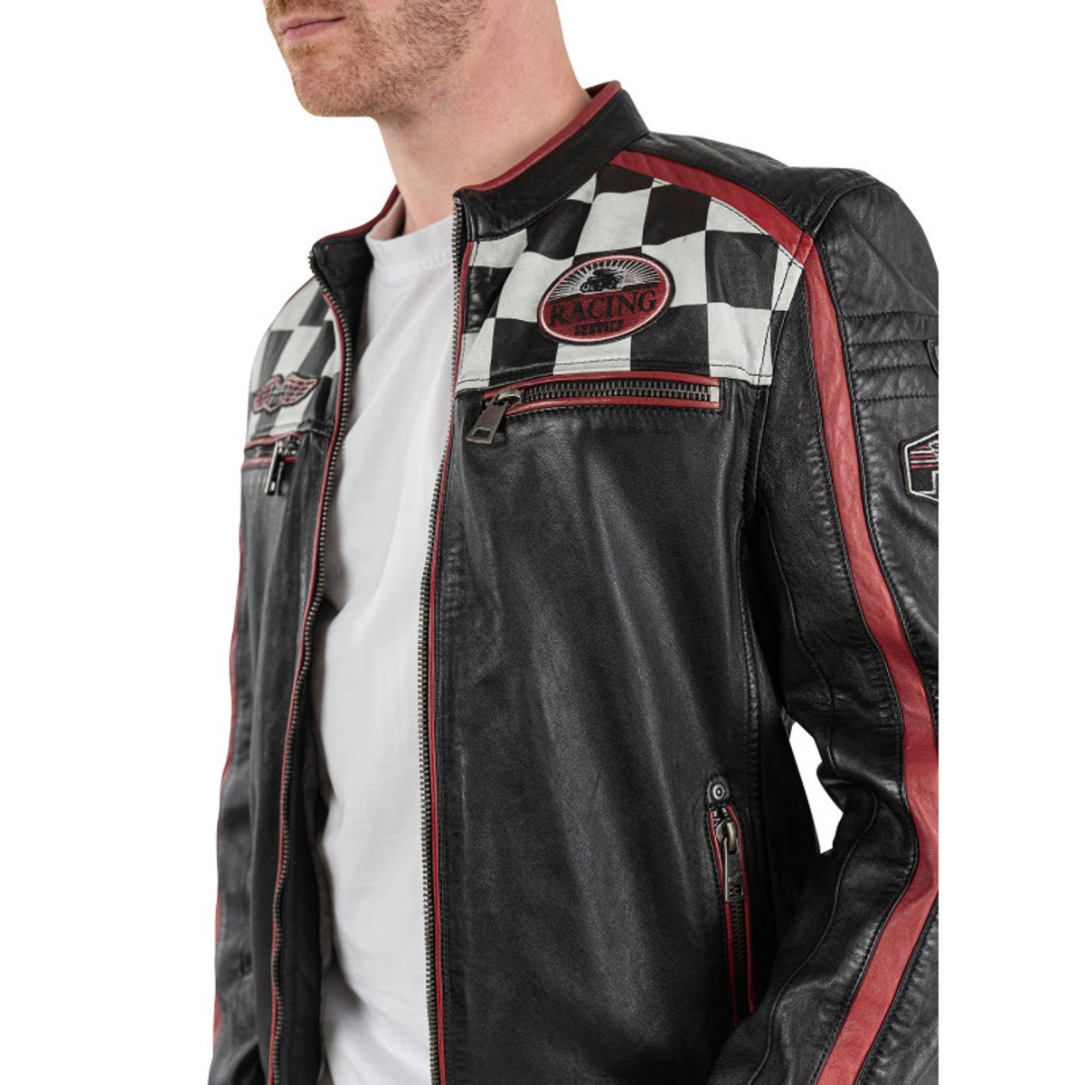 Blouson en cuir de mouton noir uni avec une coupe droite et un col rond noir, GIPSY