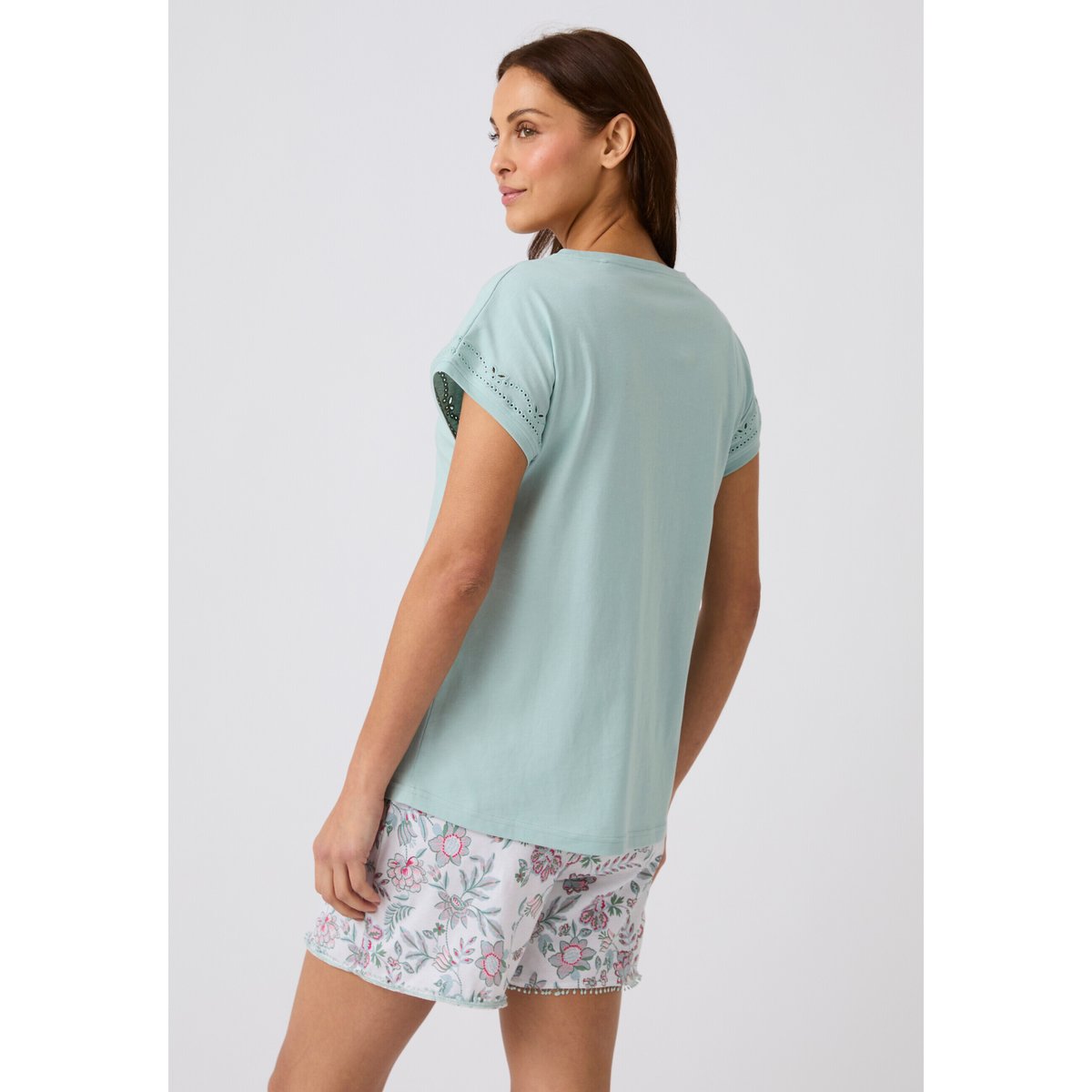 Pyjashort broderie anglaise blanc bleu fleuri, DAMART