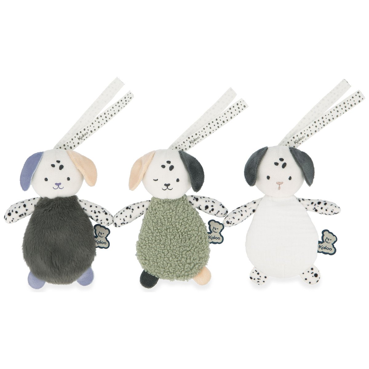 Lot de 3 doudous sensoriels blanc, vert, rose, KALOO