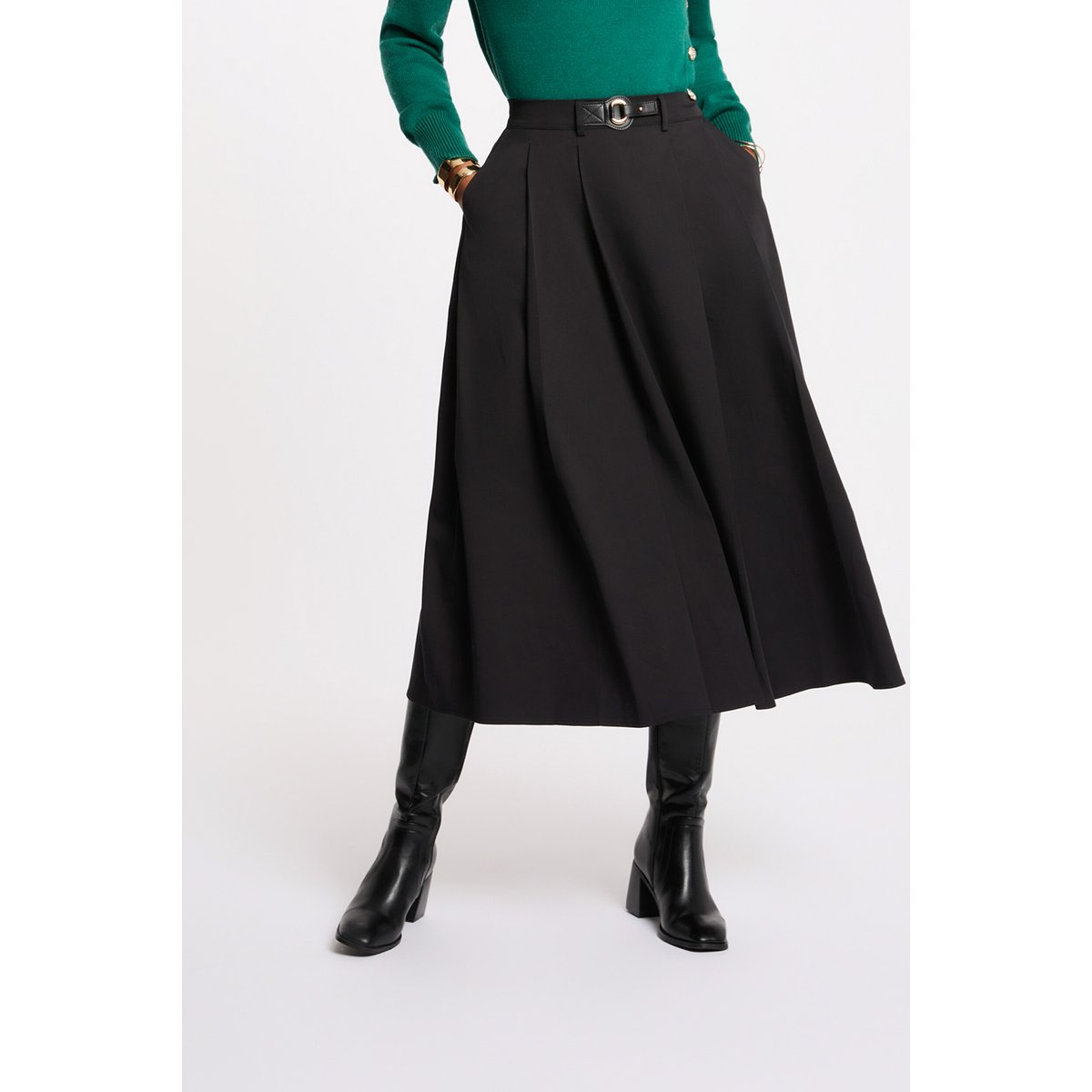 Jupe évasée taille haute noir, MORGAN