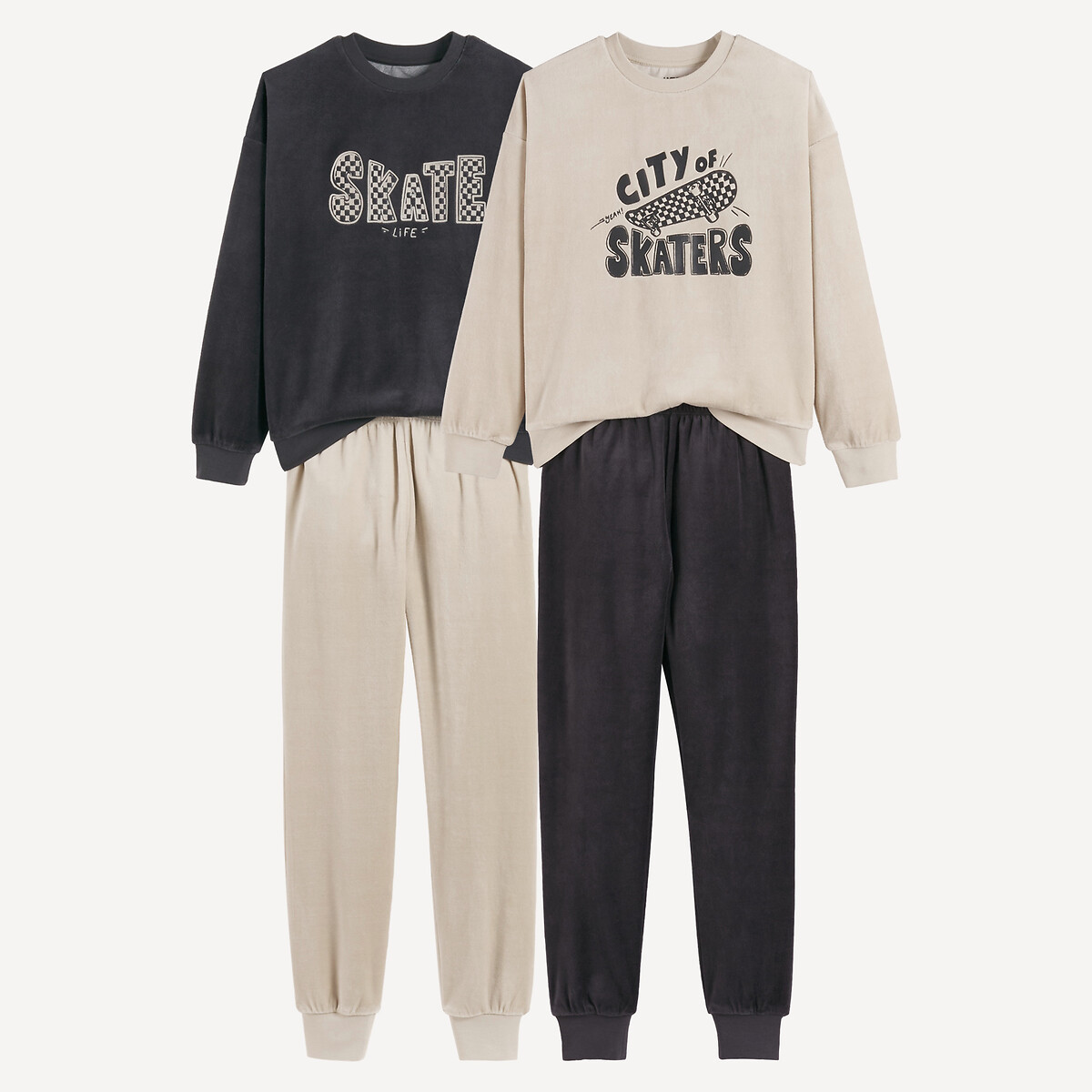 Lote de 2 pijamas de veludo com estampado de skate bege/antracite, LA REDOUTE COLLECTIONS