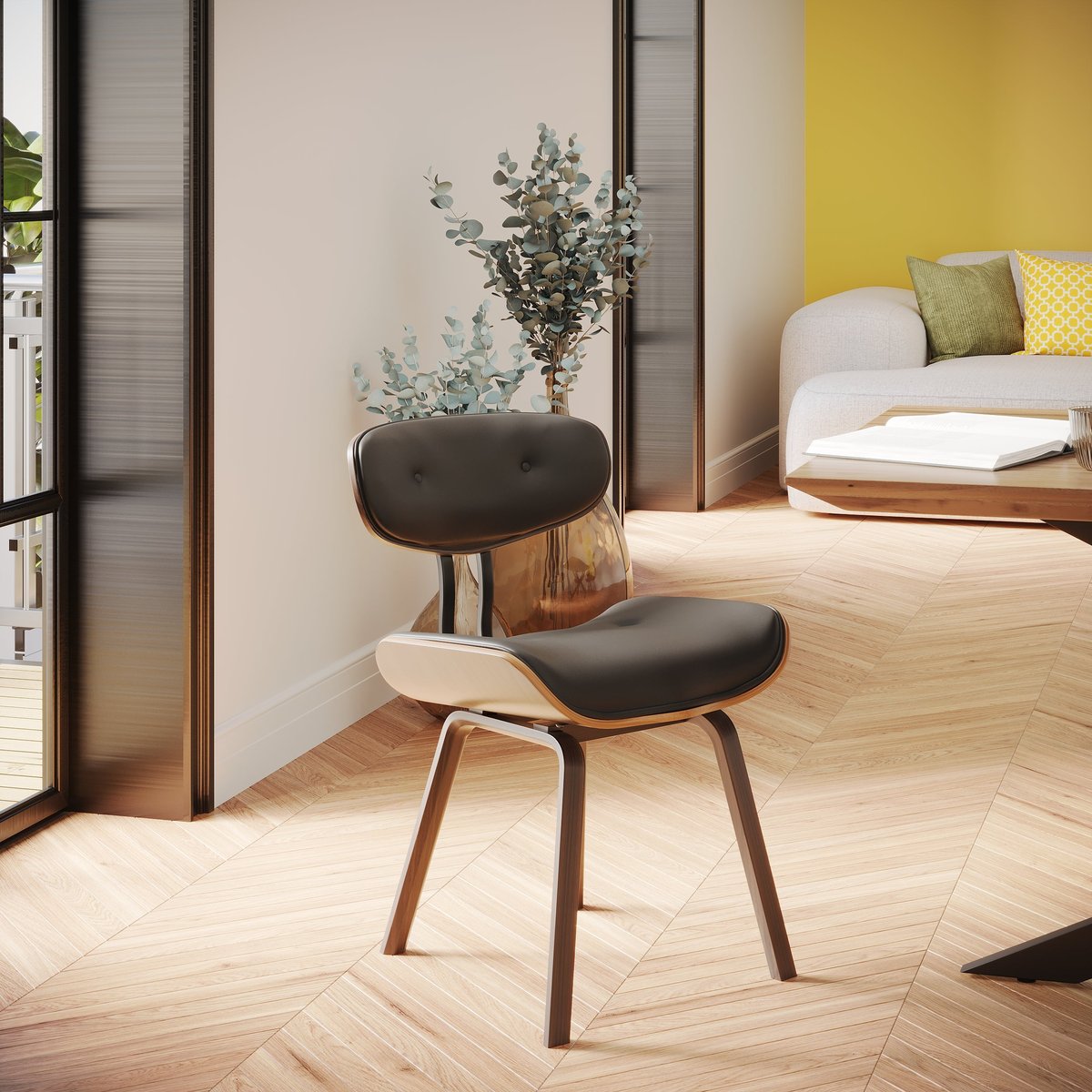 Chaise en PU et pieds en bois plié - PÉTRUS noir et bois foncé, MAISON PAVANE