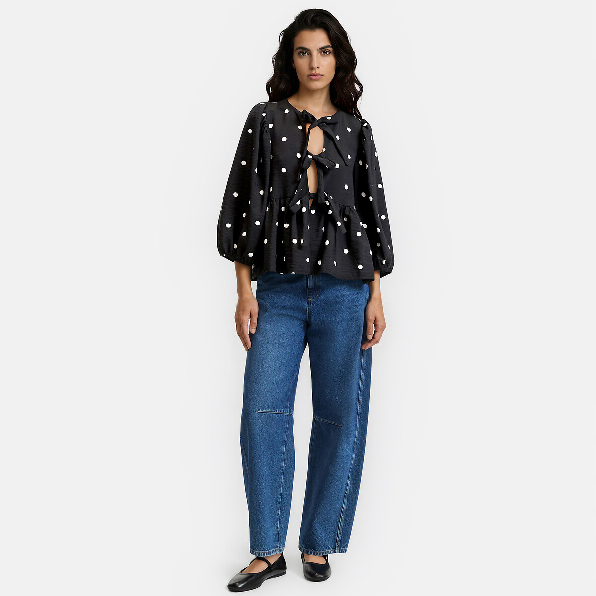 Blusa con lazos, de lunares y mangas abullonadas estampado lunares negro/blanco, LA REDOUTE COLLECTIONS