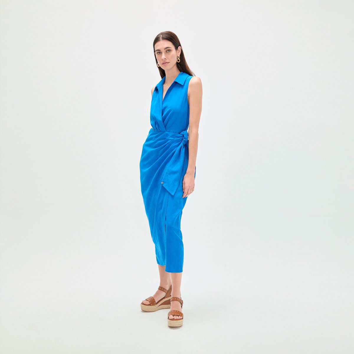 Robe midi drapée esprit portefeuille azur, LOLA CASADEMUNT