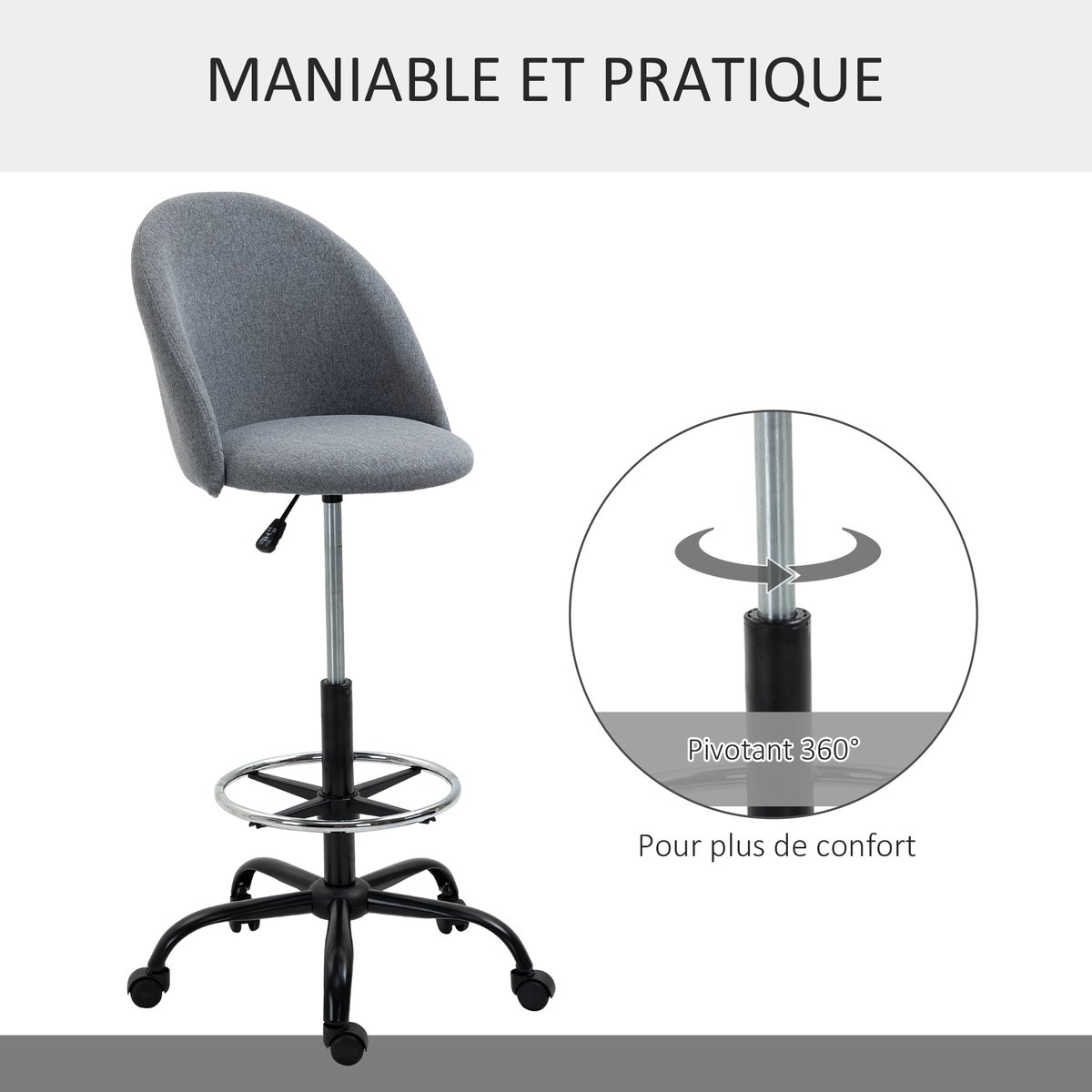 Chaise de bureau pour travail debout Lin Gris gris, HOMCOM