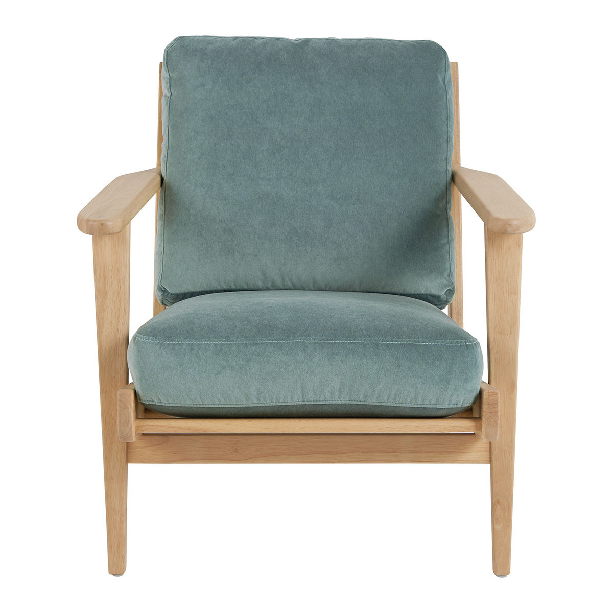 Fauteuil déhoussable velours, hévéa finition bois blond 72x88x73 bleu, BLANC D’IVOIRE
