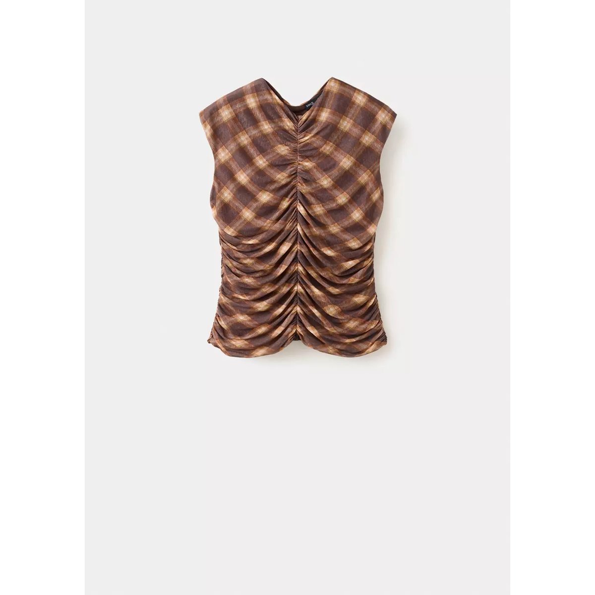 Top carreaux froncé marron, MANGO
