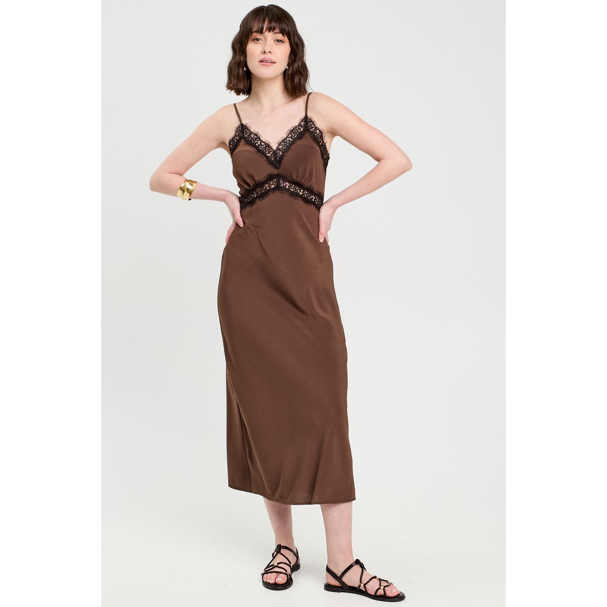 Robe longue ajustée dentelle marron foncé, CACHE CACHE