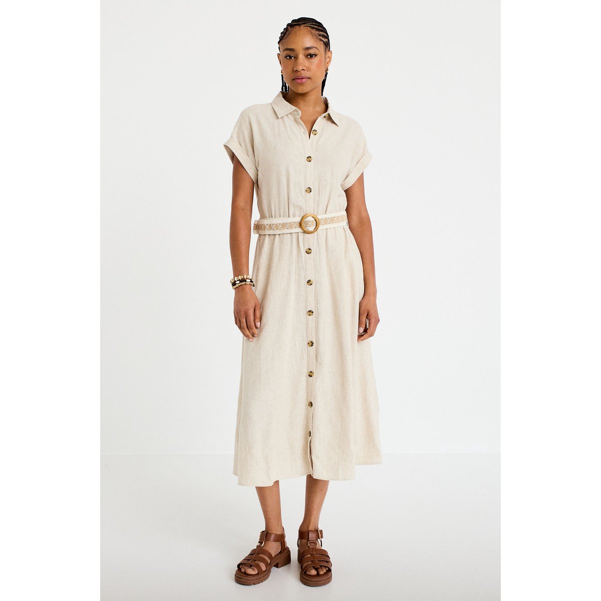 Robe évasée 3/4 col chemise ceinture beige, CACHE CACHE