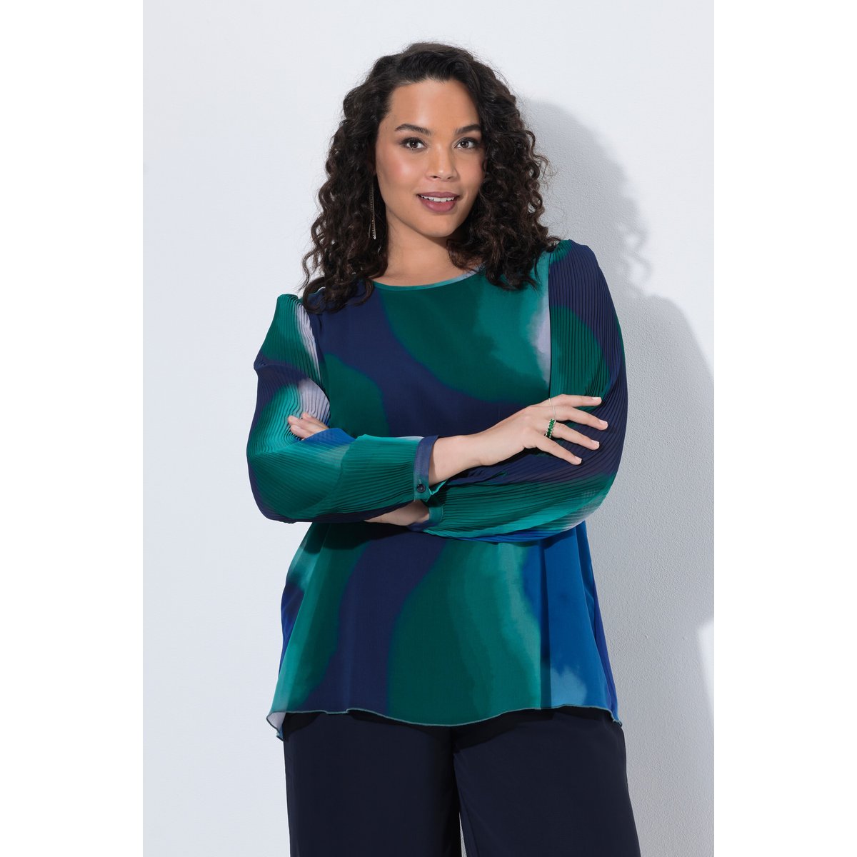 Blouse en mousseline doublée marine, ULLA POPKEN