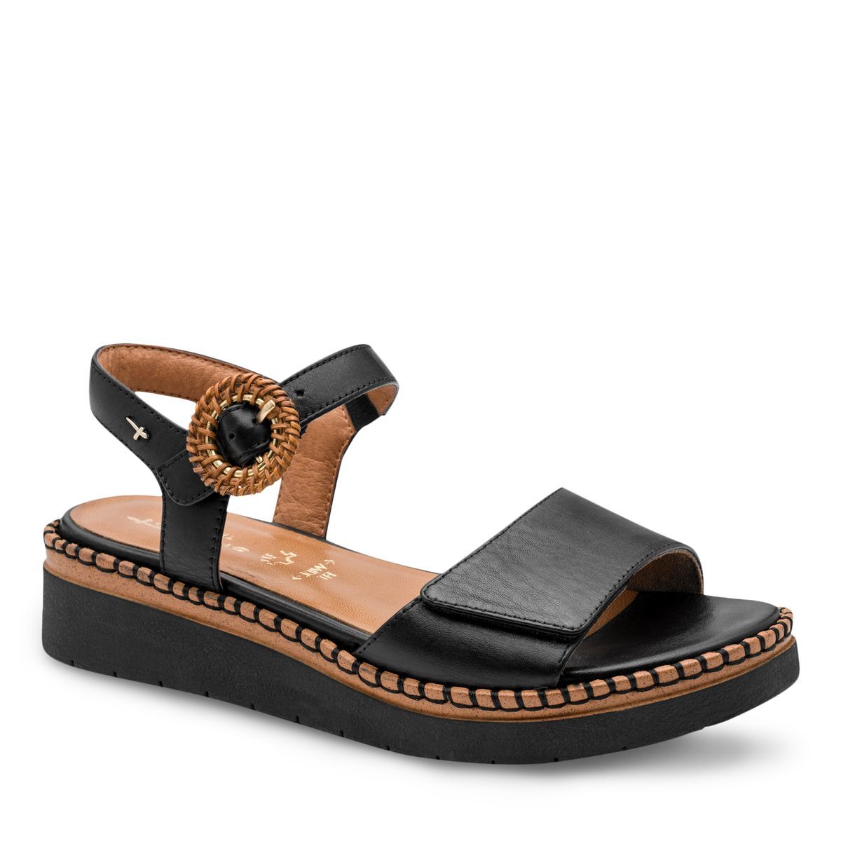 Sandale à talon en cuir noir, TAMARIS