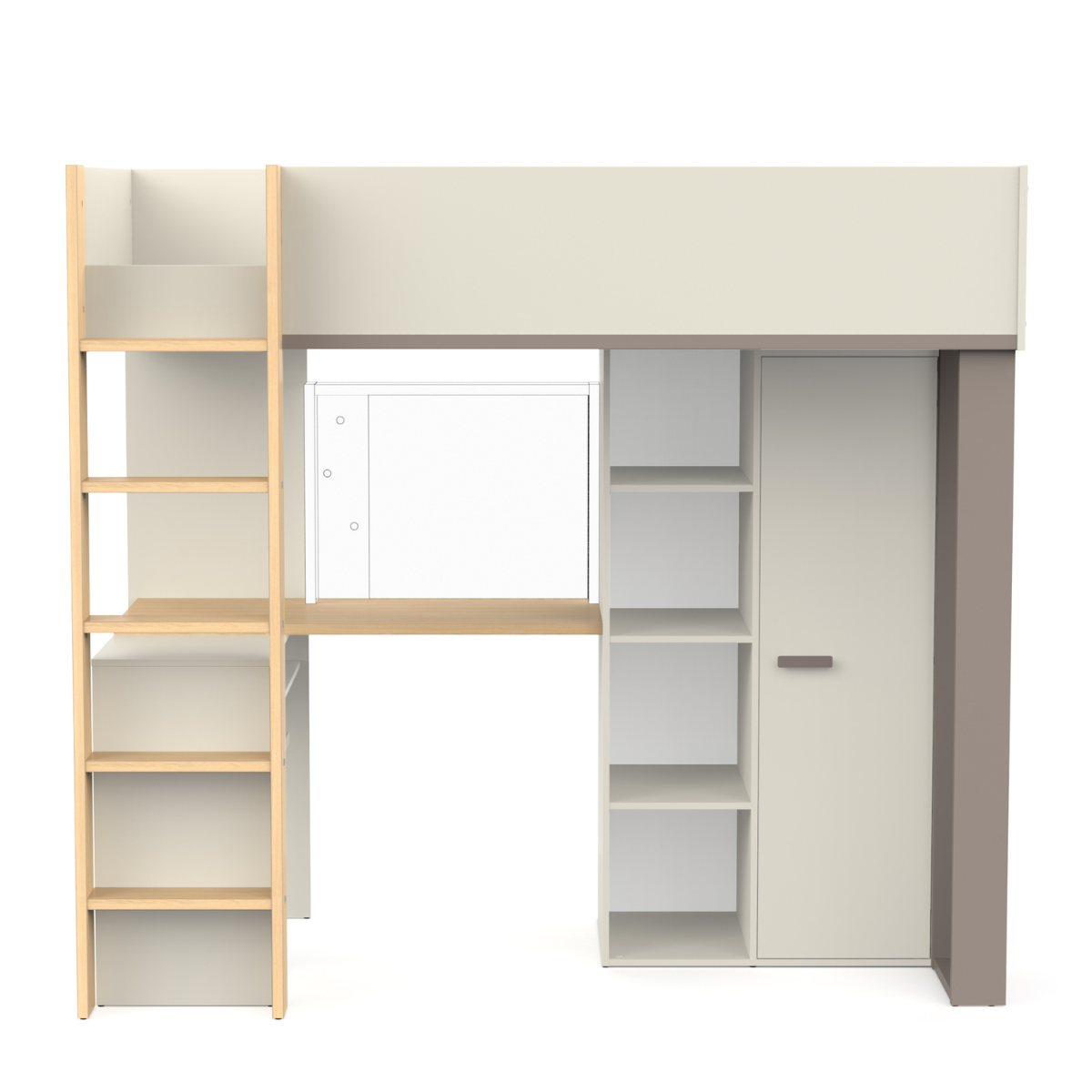 Lit mezzanine avec bureau et armoire H183 cm - CAMILLIA argile / gris / chêne, CALICOSY