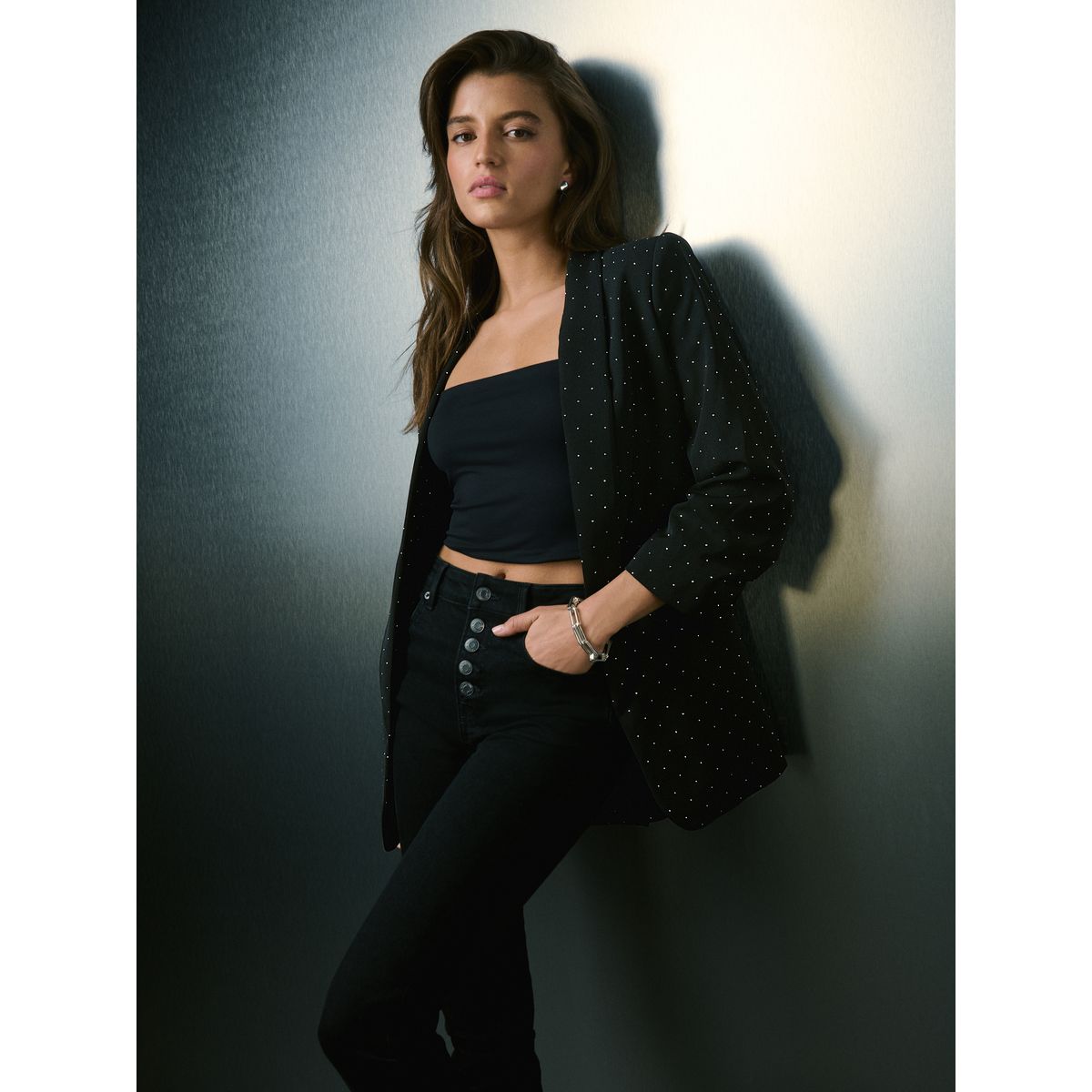 Blazer à manches froncées et clous noir, NEXT