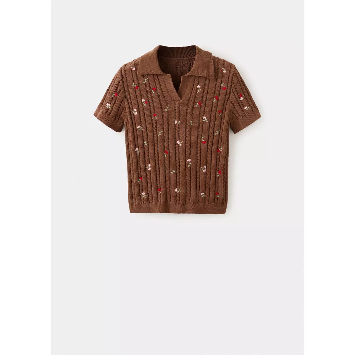 Pull col polo à broderies florales marron, MANGO