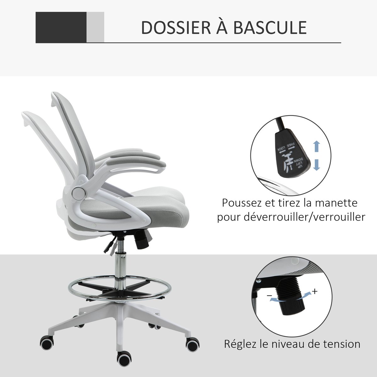 Chaise de bureau pour poste de travail debout gris et blanc, HOMCOM