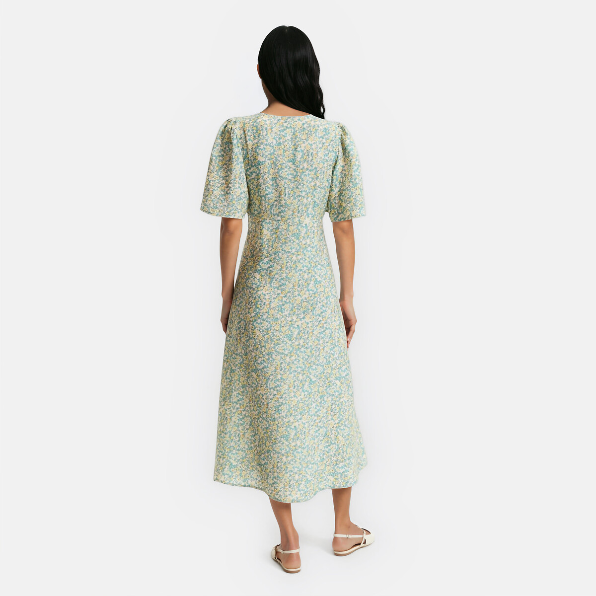 Robe midi col V manches courtes imprimé floral imprimé fleur multicolore, LA REDOUTE COLLECTIONS