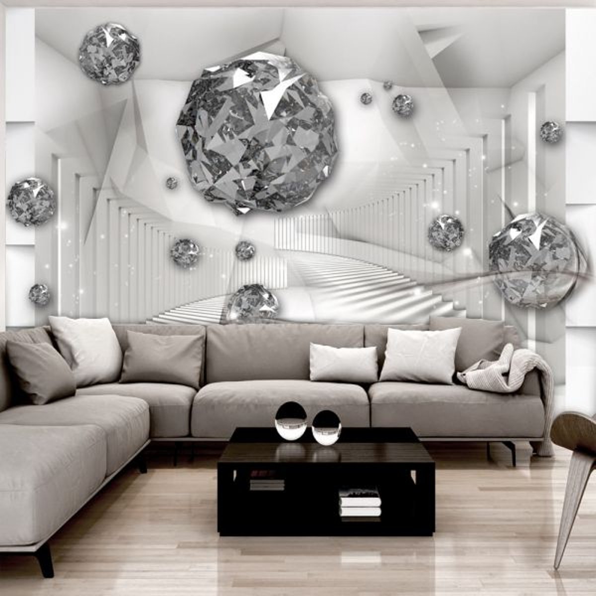 Papier peint intissé panoramique Abstractions Diamond Chamber gris / argent, EDEN