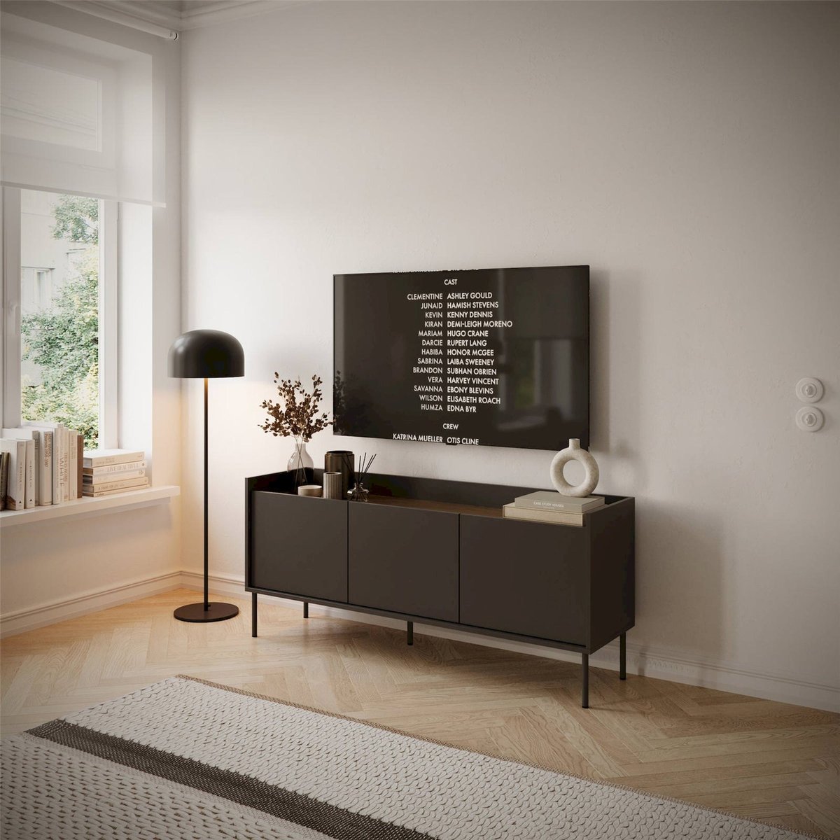 Meuble tv trois portes collection TOVI noir et noyer wisconsin, RECOLLECTION
