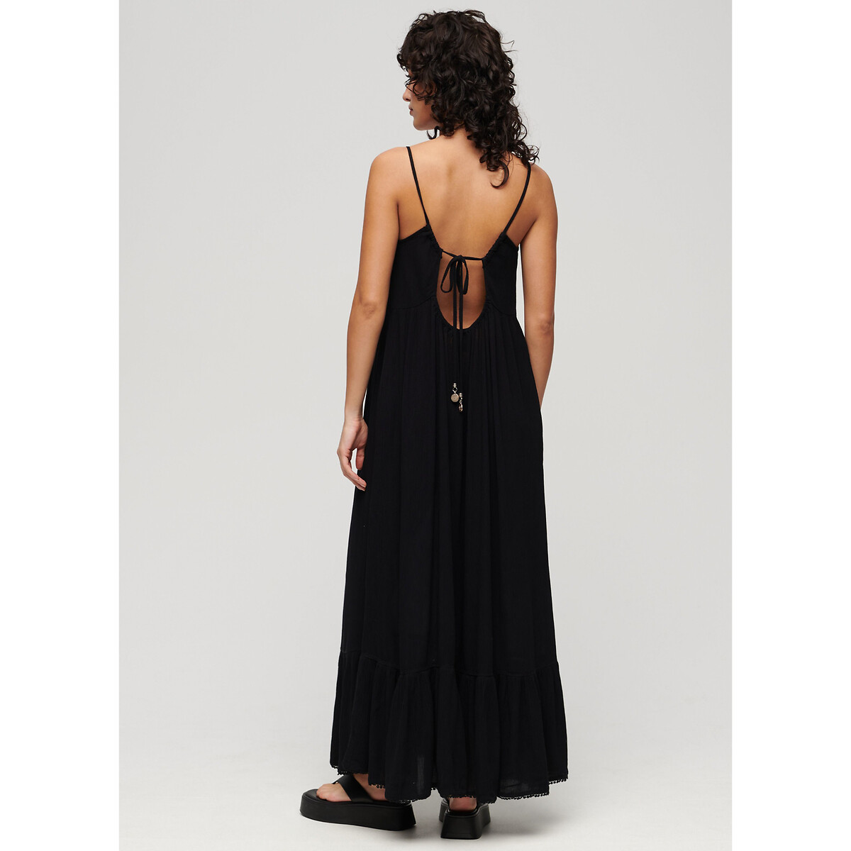 Robe longue dos nu à nouer noir, SUPERDRY