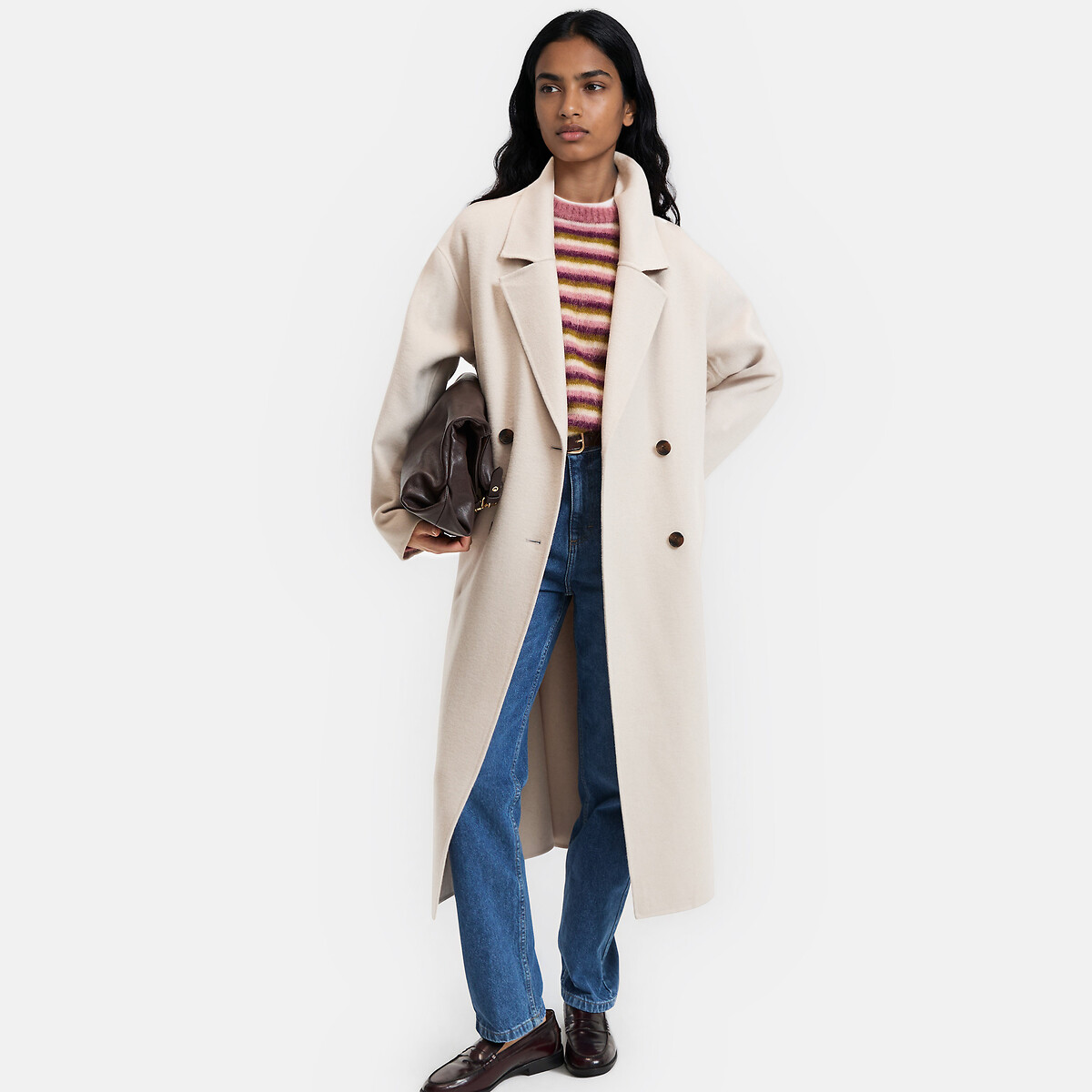 Abrigo oversize cruzado de confección artesanal en mezcla de lana beige jaspeado, LA REDOUTE COLLECTIONS