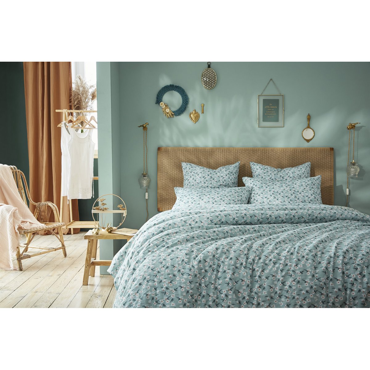 Housse de couette Gaze Coton Marguerite bleu, EDEN