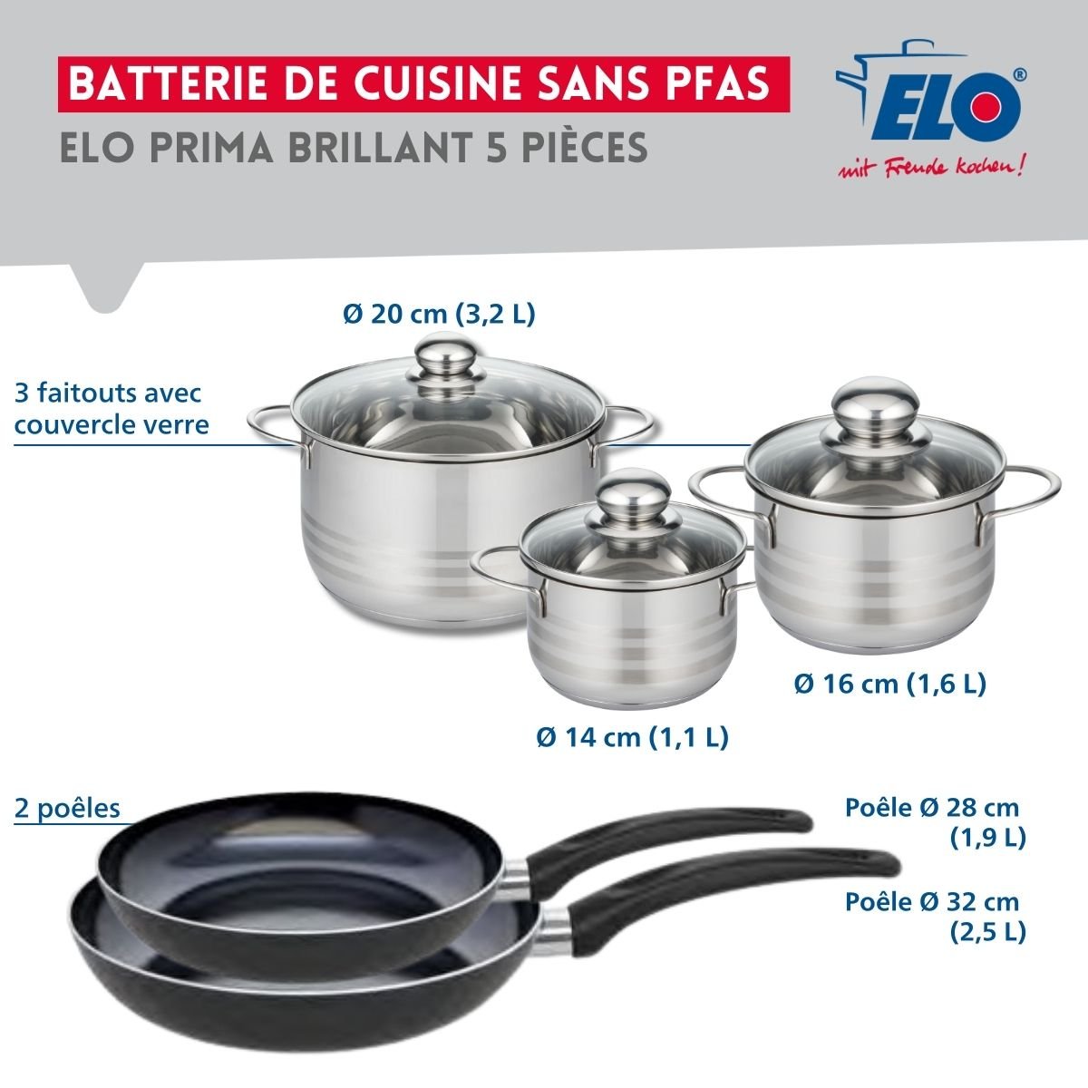 Batterie 2 poêles 28/32cm + 3 faitouts 14/16/20cm PRIMA BRILLANT noir, ELO