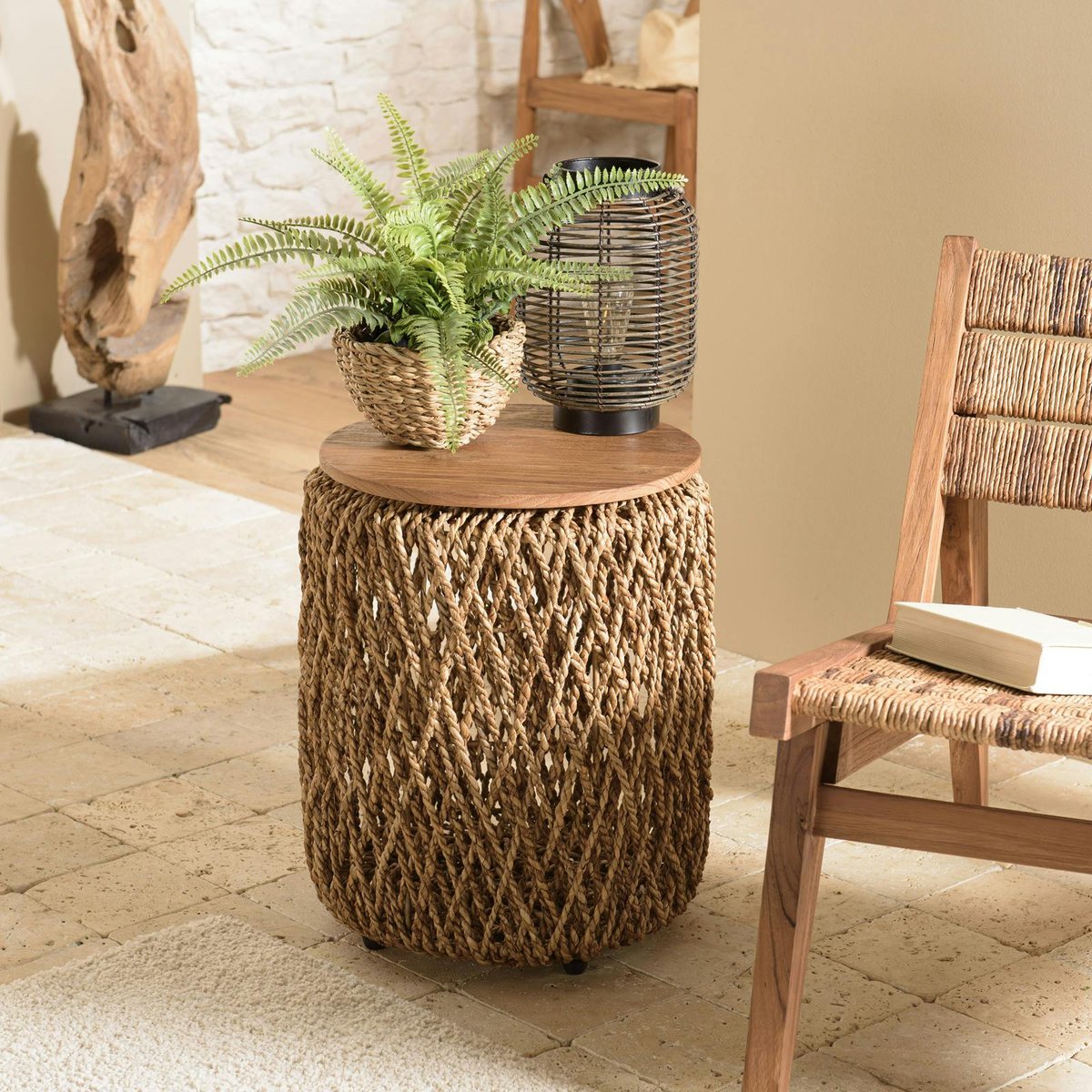 Table d'appoint ronde 38 cm fibre de coco et bois recyclé SWING bois naturel, PIER IMPORT