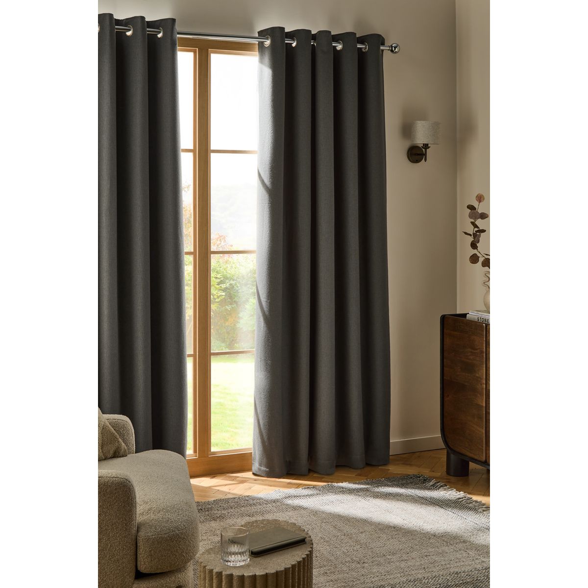 Rideaux doublés en lin mélangé tissé et doux gris anthracite, NEXT