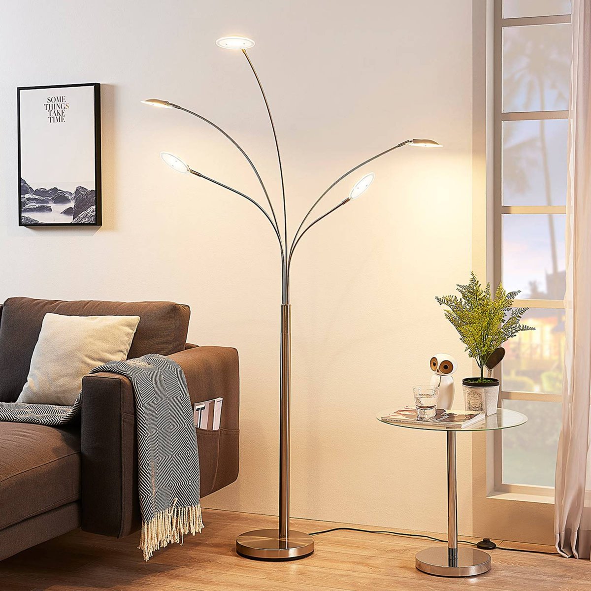 Lampadaire en métal moderneLED, Anea nickel mat, blanc givré, LINDBY