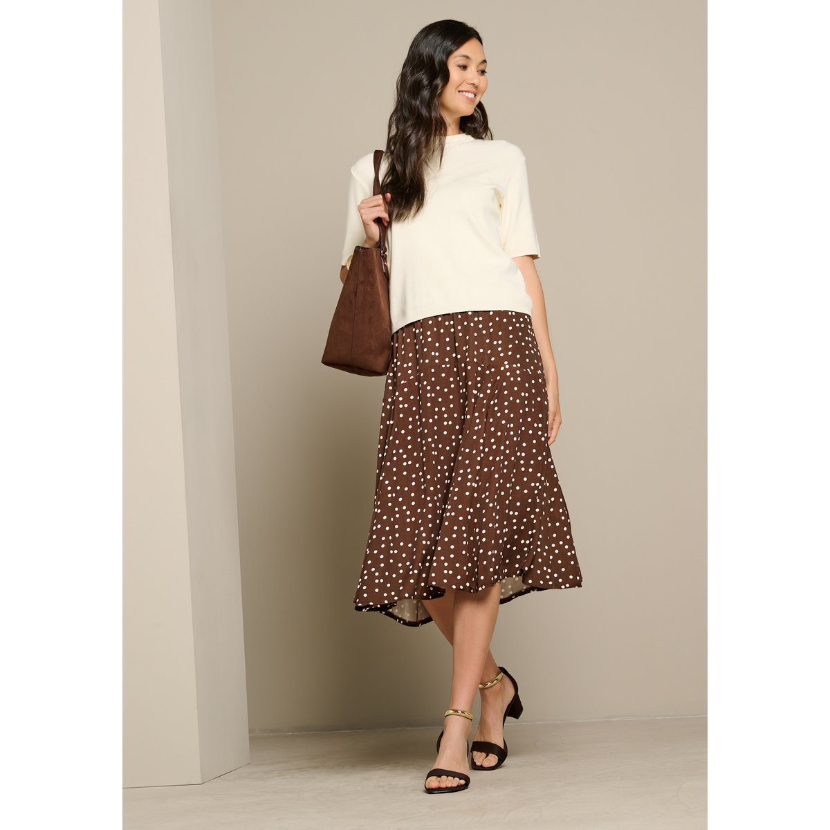 Jupe midi à pois brun fonce chocolate, LOLALIZA