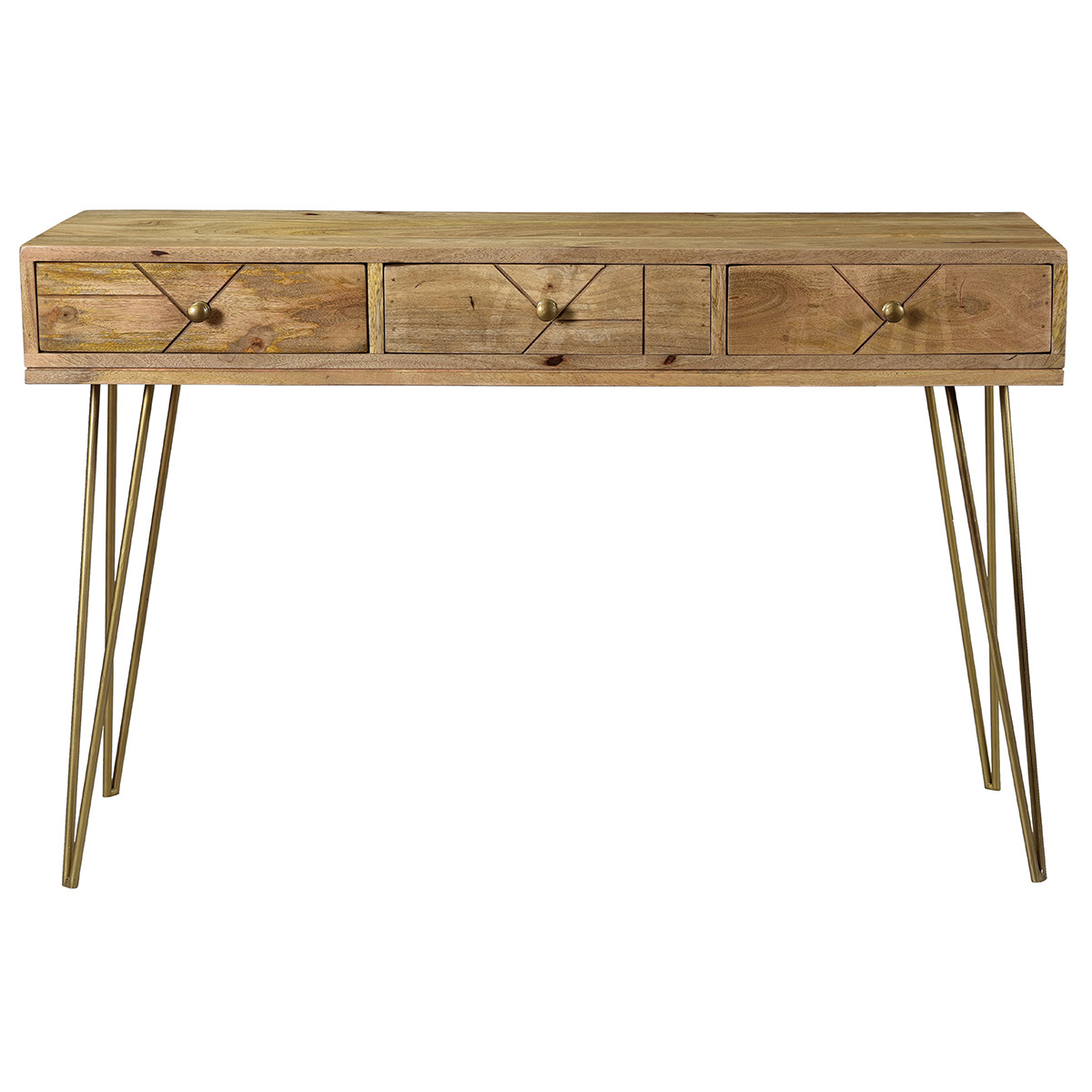 Console avec rangements 3 tiroirs en bois manguier massif gravé et métal doré L120 cm LINIUM naturel, MILIBOO