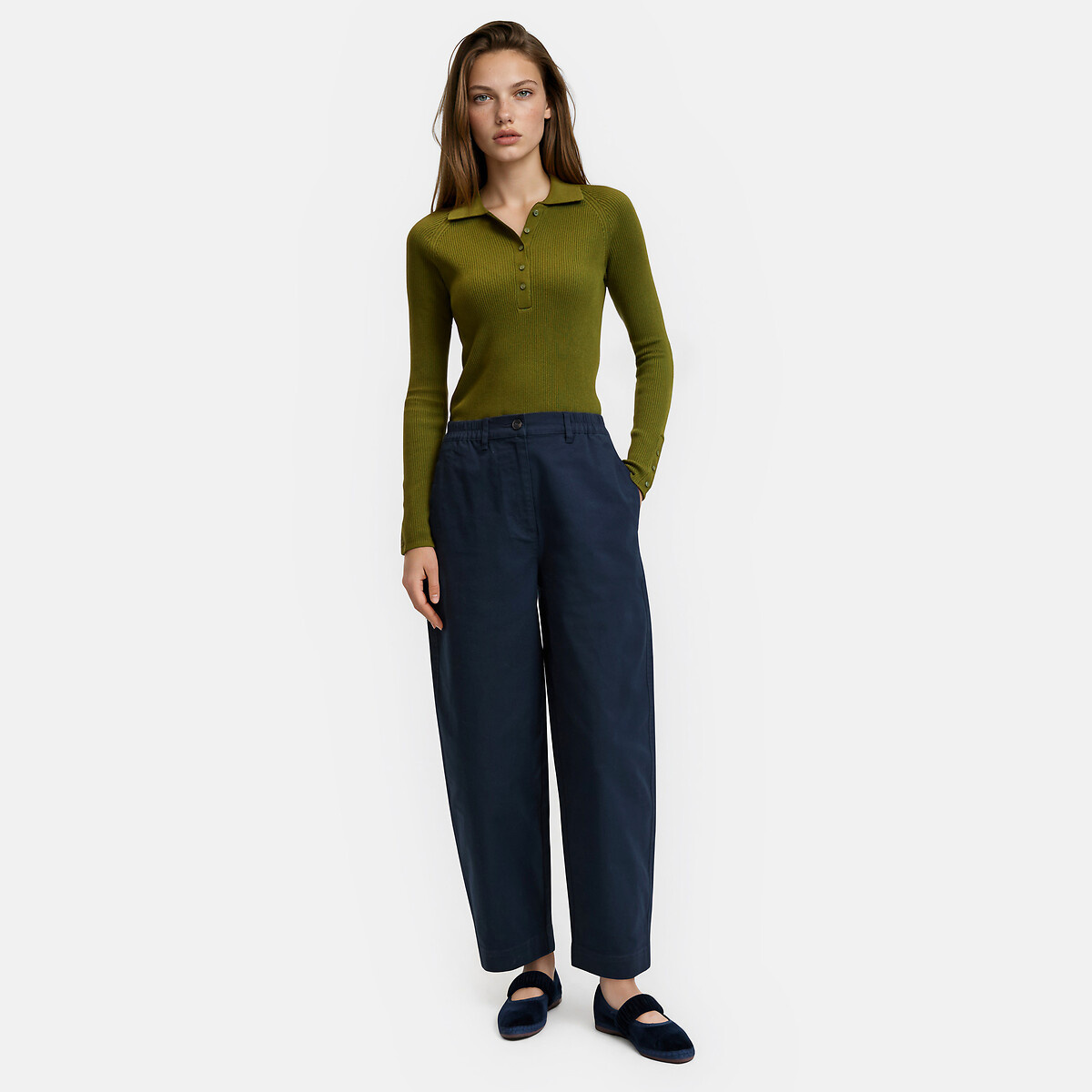 Stretch Cotton High Waist Wide Leg Barrel Trousers navy blue, LA REDOUTE COLLECTIONS