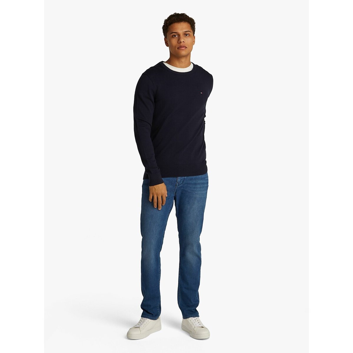 Pull col rond en coton bleu foncé, TOMMY HILFIGER