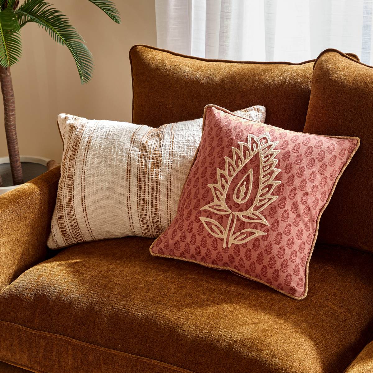 Coussin déhoussable en coton SIENNA beige lin, ATMOSPHERA