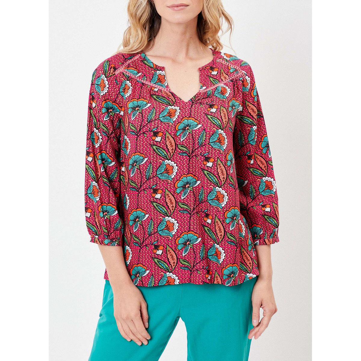 Blouse fleurie ample fluide Ecovero SKALAR rose framboise, LA FIANCÉE